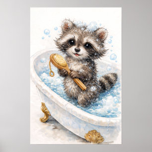 Poster Bébé raton laveur mignon dans un bain moussant