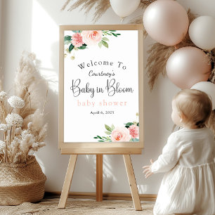 Poster Bébé rose doux en fleurs dans le Baby shower en fl