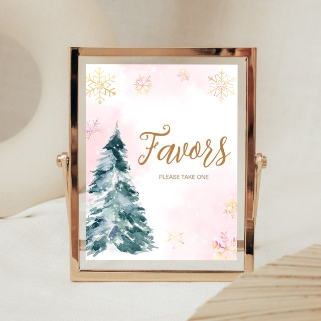 Poster Bébé rose Il fait froid dehors de la nourriture (Pink Gold Winter Snowflake Cold Outside Baby Shower Favors Sign)