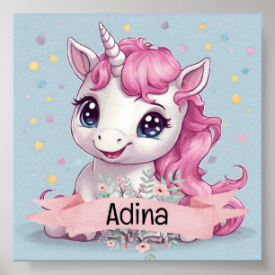 Poster Bébé rose magique Unicorn Stars Nom personnalisé