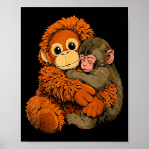 Poster Bébé singe frappe maman singe jouet câlin chaud mi