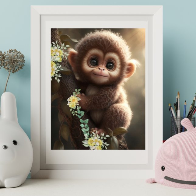 Poster Bébé singe mignon assis sur un arbre aux fleurs ja (Créateur téléchargé)