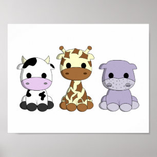 Poster Bébé vache girafe hippopotame mignon dessin animé 