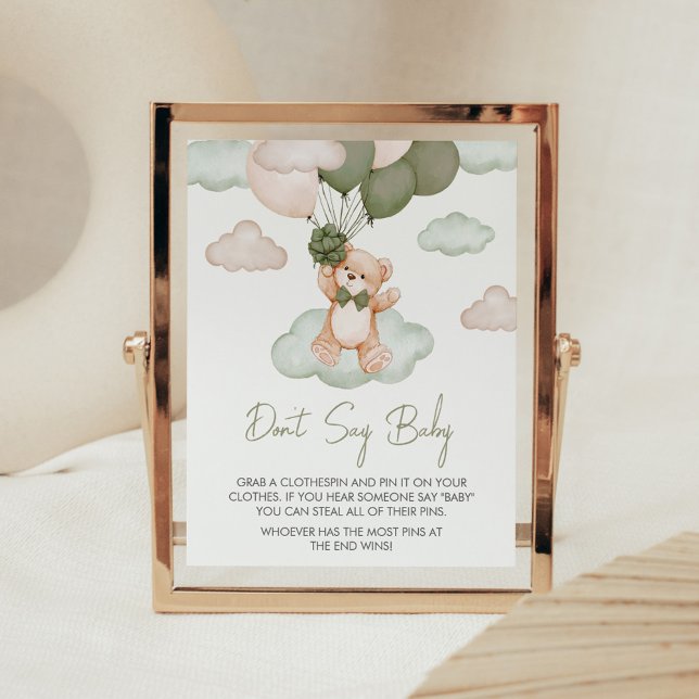 Poster Bébé vert Bear Baby shower de ballon Ne pas dire b (Green Bear Balloon Bearly Wait Baby Shower Don't Say Baby Sign)
