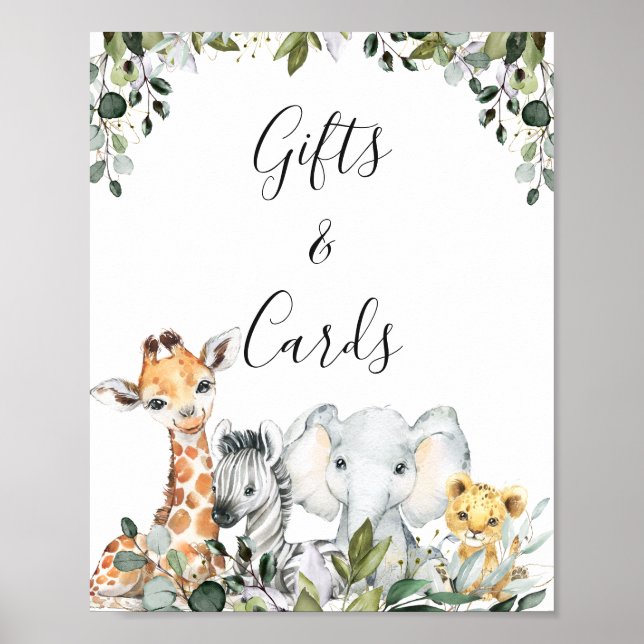 Poster Bébé vert Safari Animaux avec Baby shower Lion (Devant)