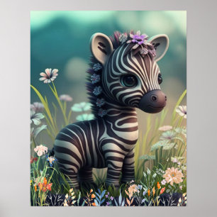Poster Bébé zèbre mignon dans le jardin de fleurs de la p