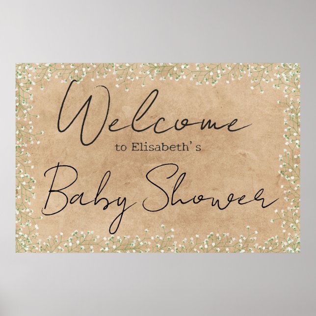 Poster Bébé's Breath Floral Baby shower rustique Bienvenu (Devant)
