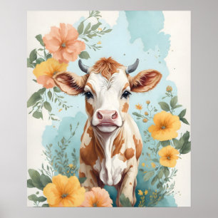 Poster Bébés mignons animaux   Vache adorable Fleur de ve