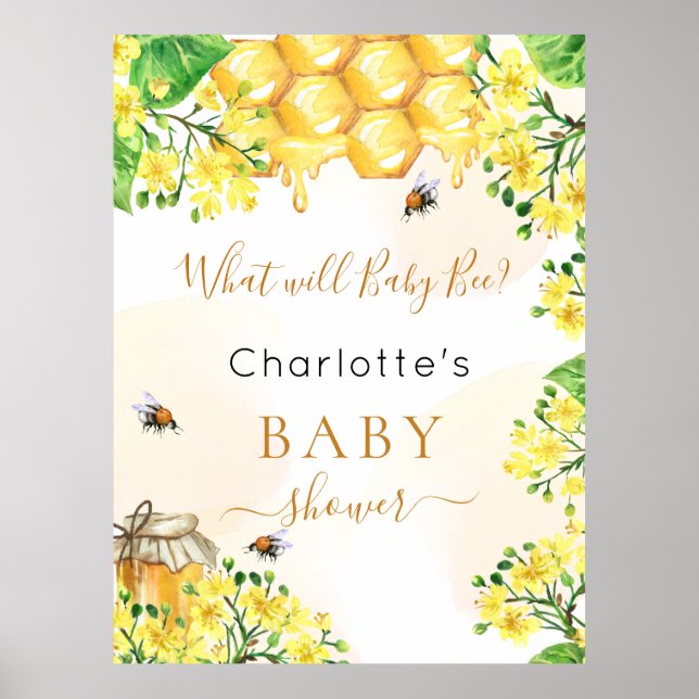 Poster Bee Baby shower jaune sexe révéler la fête (Devant)
