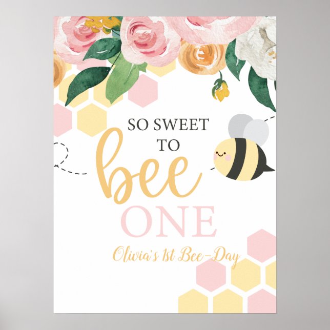 Poster Bee Day Bumblebee 1er anniversaire rose floral (Devant)