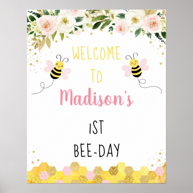 Poster Bee Pink Gold Floral Anniversaire Bee Day Bienvenu (Devant)