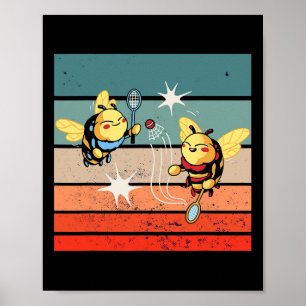 Poster Bees Badminton Dynamic Cartoonish Artwork Funny Pl