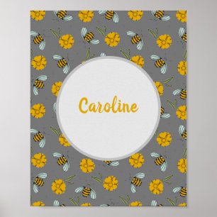 Poster Bees & Buttercups on Gray Personalized Print