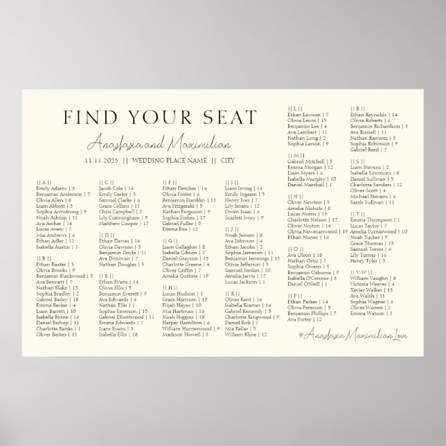 Poster Beige Minimal Alphabetical Wedding Seating Chart (Devant)