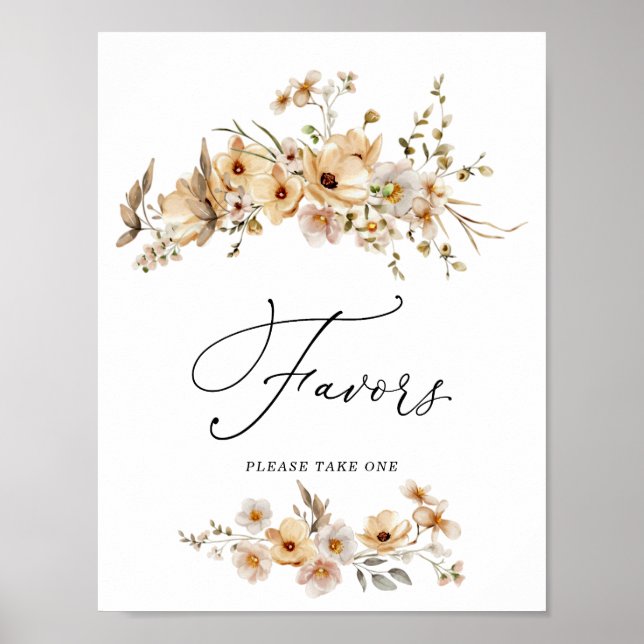Poster Beige Wild Flowers Bridal Shower Favors Sign (Devant)