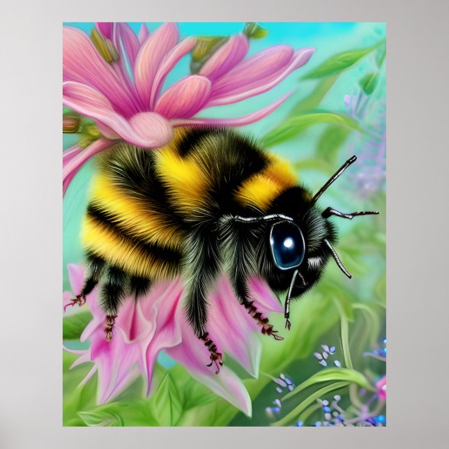 Poster Belle abeille sur une fleur rose Gros plan (Devant)