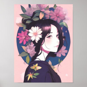 Poster Belle Anime Girl couronnée de fleurs
