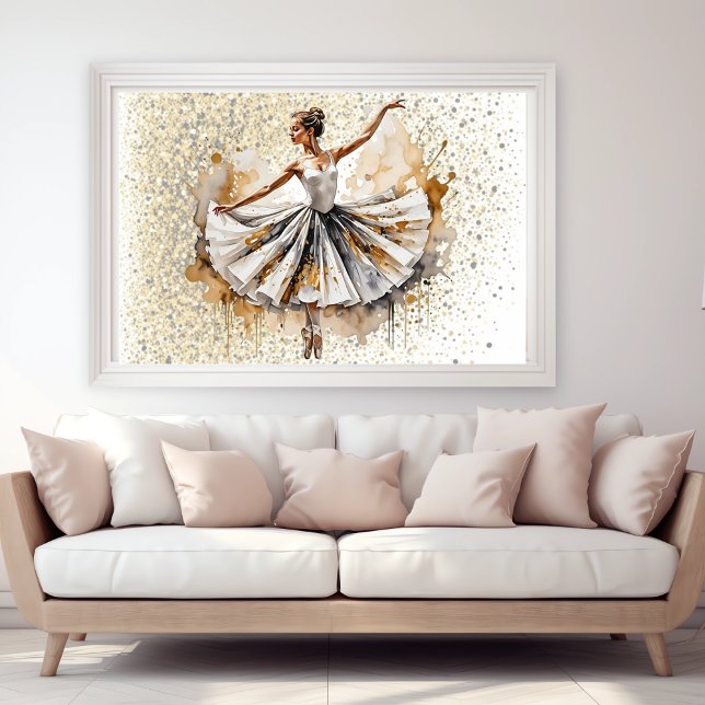 Poster Belle aquarelle Ballerina femme en or (Beautiful Watercolor Ballerina Woman in Gold Poster in home)