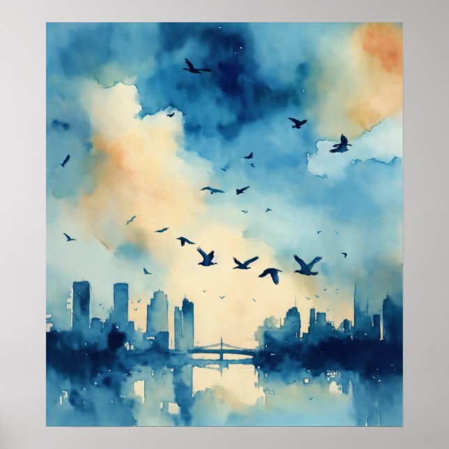 Poster Belle aquarelle bleu, oiseaux volant acro (Devant)