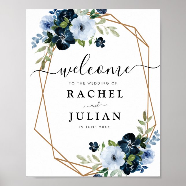 Poster belle aquarelle bleu signe mariage floral (Devant)