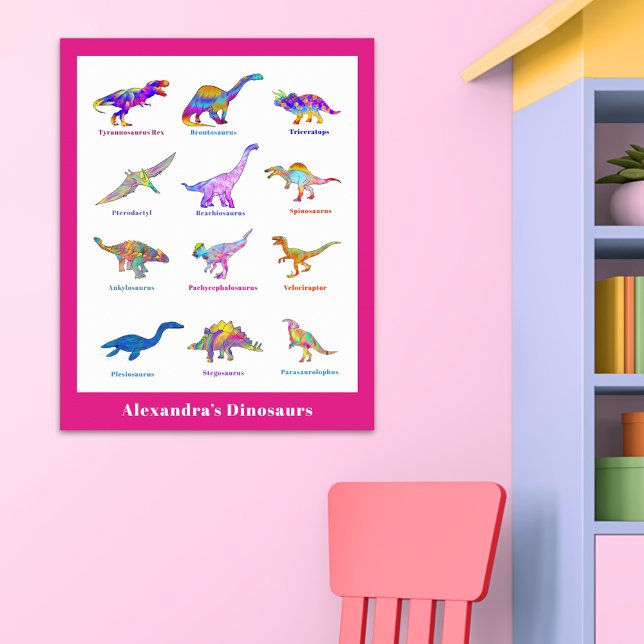 Poster Belle aquarelle Dinosaur avec des noms rose (Colorful dinosaurs with names bright pink girls custom dino poster)
