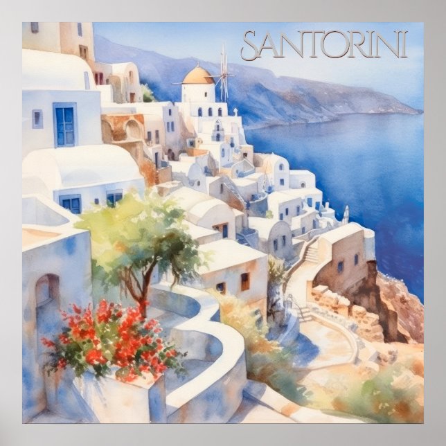 Poster Belle aquarelle Santorin Grèce Voyage (Devant)