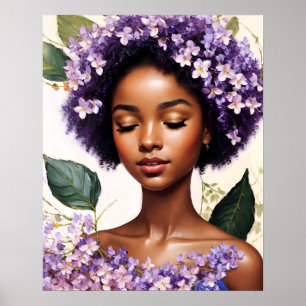 Poster Belle Black Girl Purple Fleurs Portrait