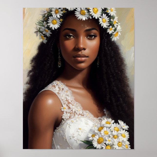 Poster Belle Black Woman Daisies Floral Art (Devant)