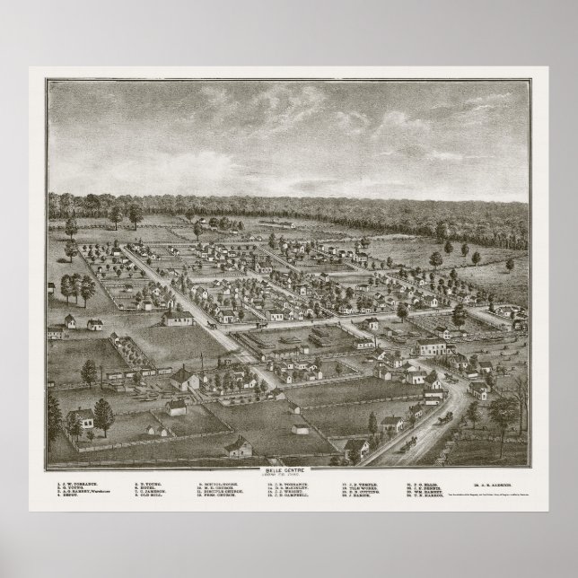 Poster Belle Centre, OH Carte panoramique - 1874 (Devant)