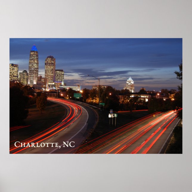 Poster Belle Charlotte NC Skyline Highway à Dusk (Devant)