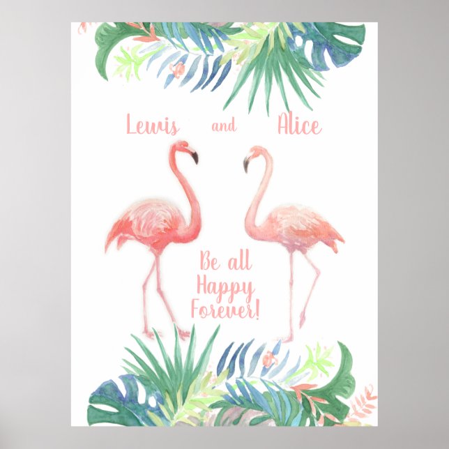 Poster Belle Conte Fée Pour Deux Flamants roses Fleur Tro (Devant)