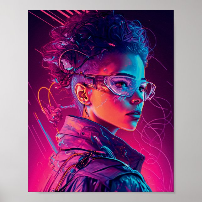 Poster Belle Cyber Girl Synthwave Cool femmes Portrait (Devant)