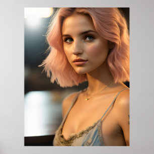 Poster Belle Dame Avec Cheveux Rose Pastel