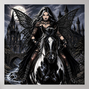 Poster Belle Fée Gothique sur Cheval Noir 