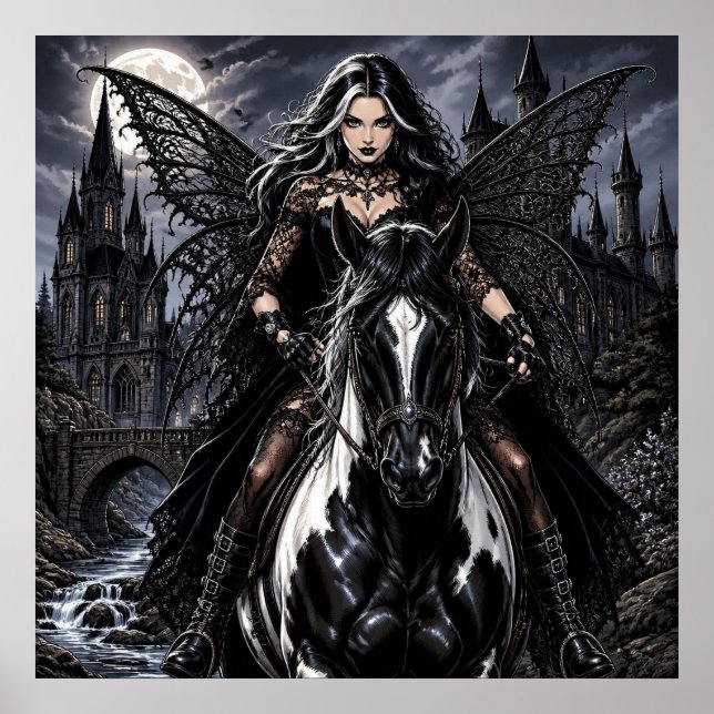 Poster Belle Fée Gothique sur Cheval Noir  (Devant)