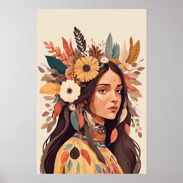 Poster Belle femme amérindienne peinte (Devant)