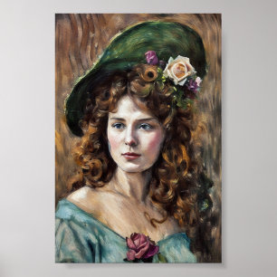 Poster Belle femme avec chapeau fleuri dessin pastel