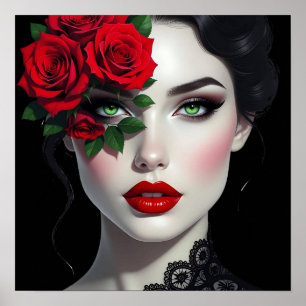 Poster Belle Femme avec Rose Rouge