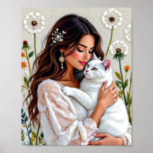 Poster Belle Femme, Chat et Pissenlits