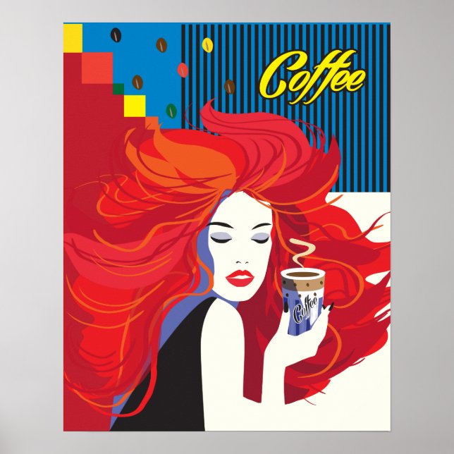 Poster "Belle Femme de mode avec Café Cup" Pop Art (Devant)