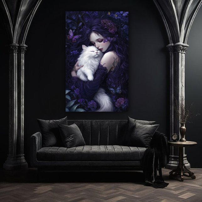 Poster Belle femme gothique et son chat blanc (Créateur téléchargé)