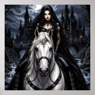 Poster Belle femme gothique sur un cheval blanc 