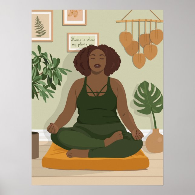 Poster Belle femme noire en courbe méditant (Devant)