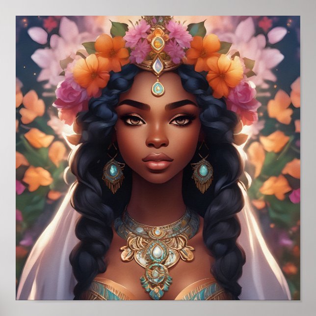 Poster Belle femme noire portant une couronne florale (Devant)