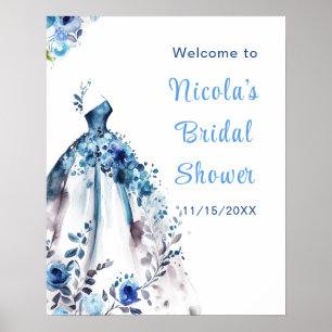 Poster Belle Fête des mariées Florale Bleue Bienvenue