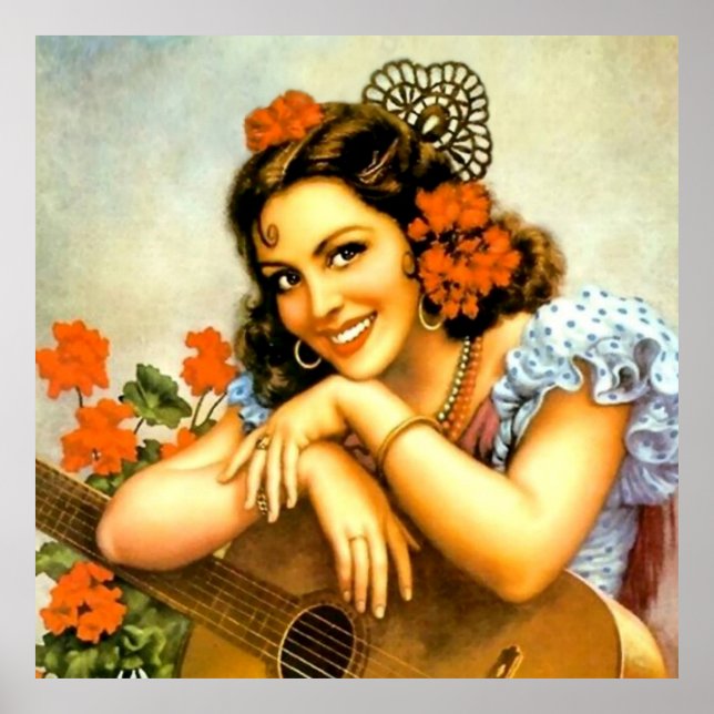 Poster Belle fille calendrier mexicaine avec guitare (Devant)