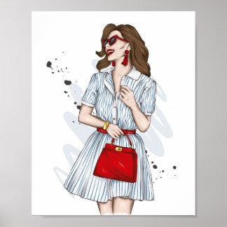 Poster Belle fille en vêtements élégants avec mode acc