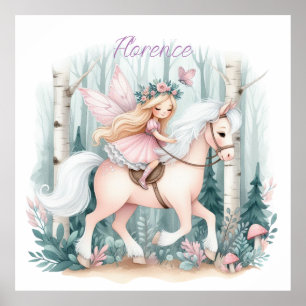 Poster Belle fille fée chevauchant dans une forêt enchant