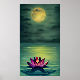 Poster Belle Fleur de Lotus Serene et une Pleine lune