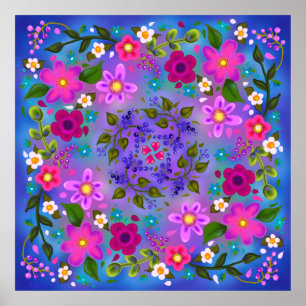 Poster Belle Fleurs rose vif et Baies Bleues